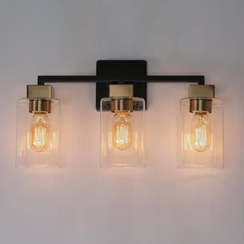 Modern 3-Light Black Gold Square Glass Bathroom Vanity Light Linear Wall Sconces