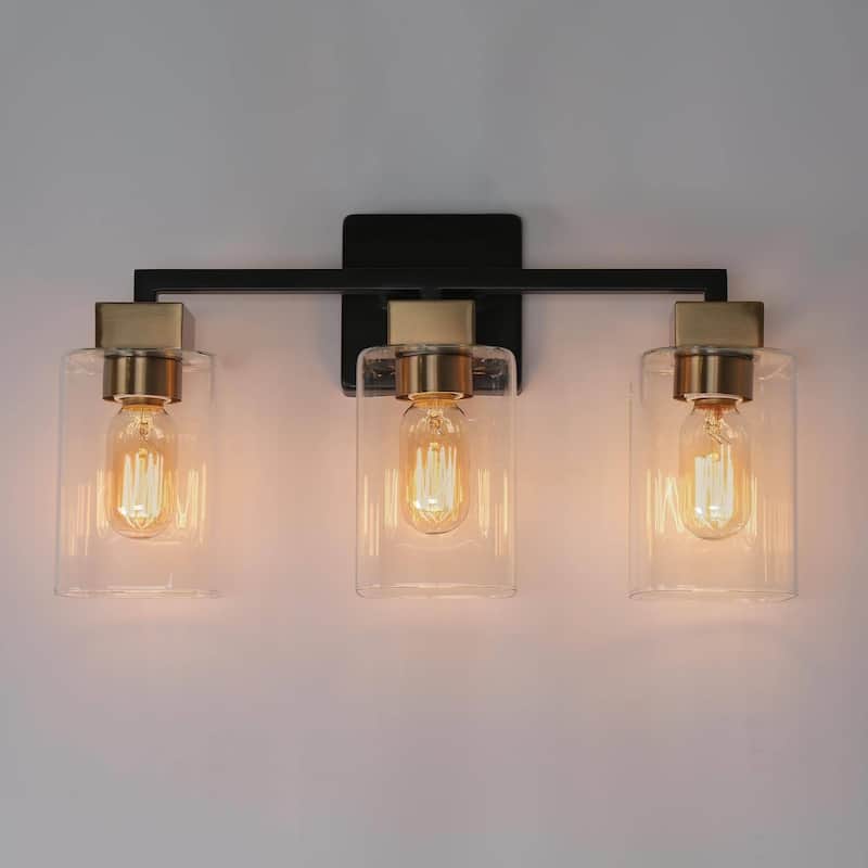 Modern Farmhouse Black Gold 3-Light Square Bathroom Vanity Light Glass Wall Sconces - L 18" x W 5.5" x H 10"