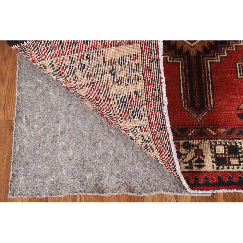 Geometric Red Ardebil Persian Vintage Runner Rug Handmade Wool Carpet - 3'6"x 10'7"