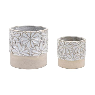 Ceramic Floral Planters - 6" - Gray and Beige - Set of 2