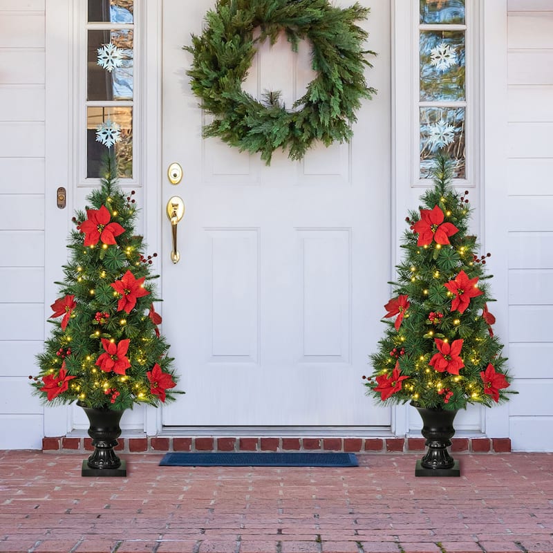 Glitzhome 4ft/5ft Pre-Lit Pine Artificial Christmas Potted Porch Trees with Warm White Lights and Poinsettia - 2PK-4ft Tree