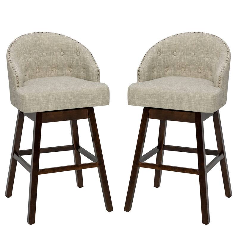 Gymax Set of 2 Swivel Bar Stools Tufted Bar Height Pub Chairs w/ - Bar Height - Beige - Set of 2