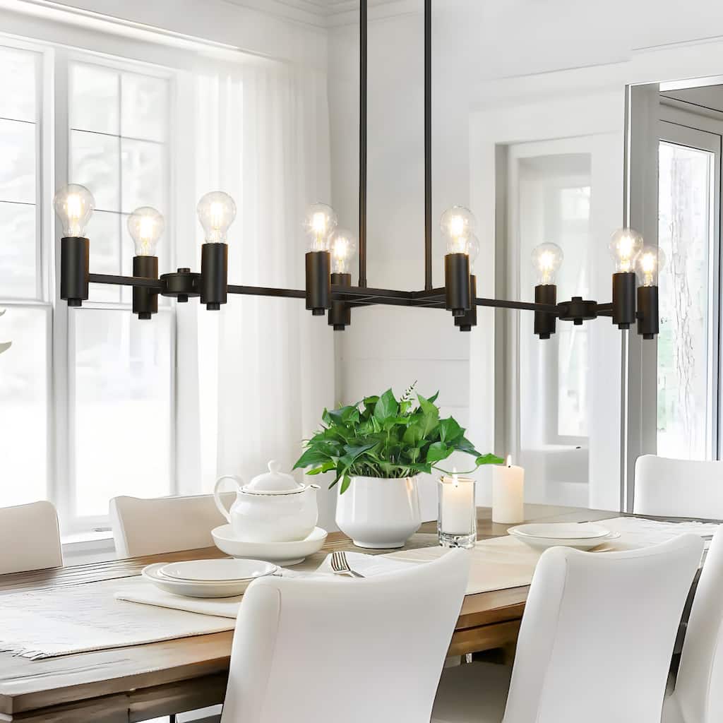 Regan Oversized Modern Farmhouse Black 10-Light Exposed Bulb Linear Dining Room Chandelier - 49.2"W x 13.3"D x 17.9" - 67.9"H