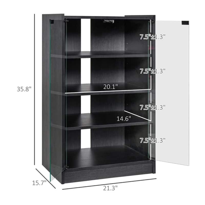Distressed Black Media Stand with Tempered Glass Door Adjustable Shelves and Cable Management - 21.25" W x 15.75" D x 35.75" H