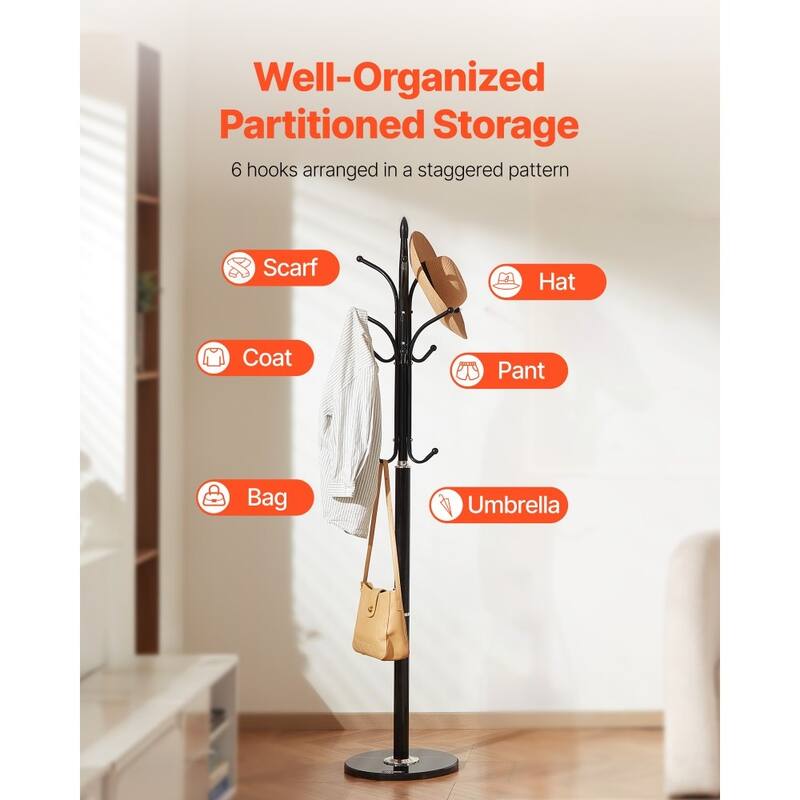 Black Freestanding 6 Hooks Coat Rack with Marble Base and Sturdy Carbon Steel Stand for Entryway - 14.57” x 14.57” x 70.87”