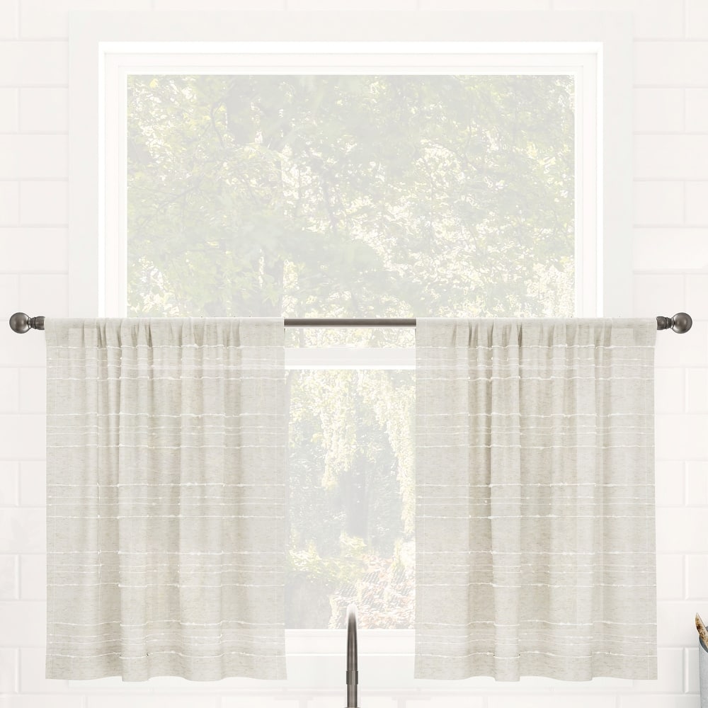 Clean Window Textured Slub Stripe Anti-Dust Linen Blend Sheer Cafe Curtain Pair