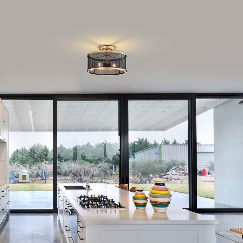 Perin Matte Black+Gold 2-Light Metal Drum Semi-Flush Mount