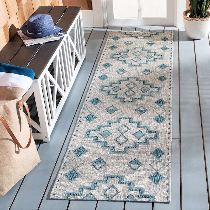 SAFAVIEH Courtyard Cemre Indoor/ Outdoor Waterproof Patio Backyard Rug - 2'3" x 12' Runner - Grey/Teal