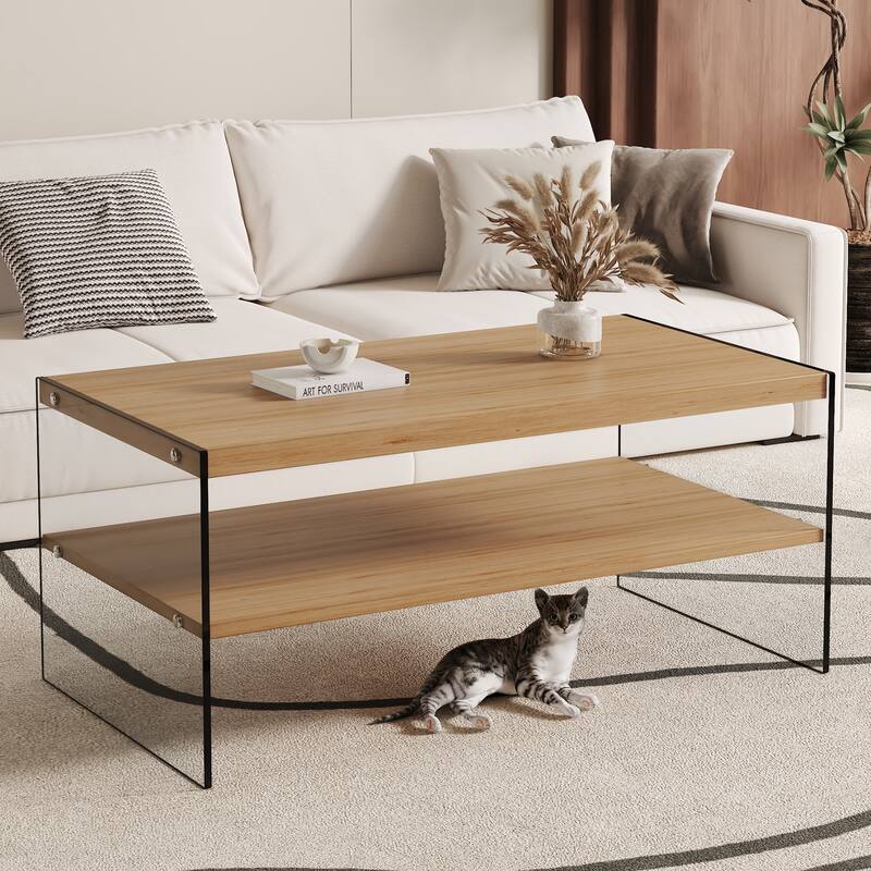 43.3" Modern Rectangular Coffee Table with Tempered Glass Legs and Storage Shelf - Wood