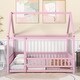 preview thumbnail 3 of 37, Full Size Wooden Floor Bed with House Roof Frame, Fence Guardrails for Kids, Bedroom
