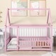 preview thumbnail 3 of 6, Pink Full Pine Floor Bed with Roof Frame and Fence Guardrails