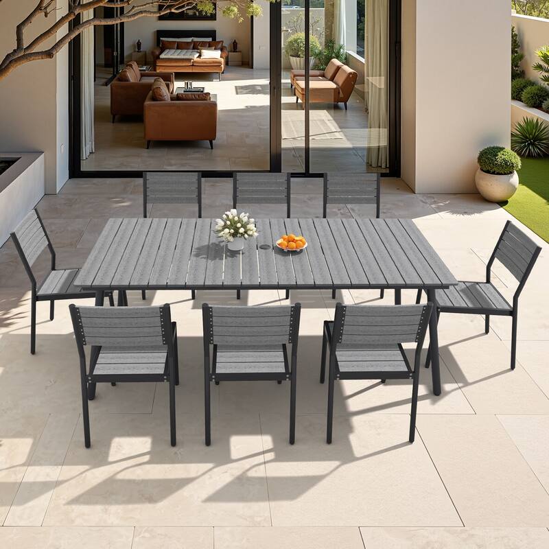 7/9/11-Piece Outdoor Dining Set Aluminum Dining table with Stackable Chairs - Grey - Set of 9