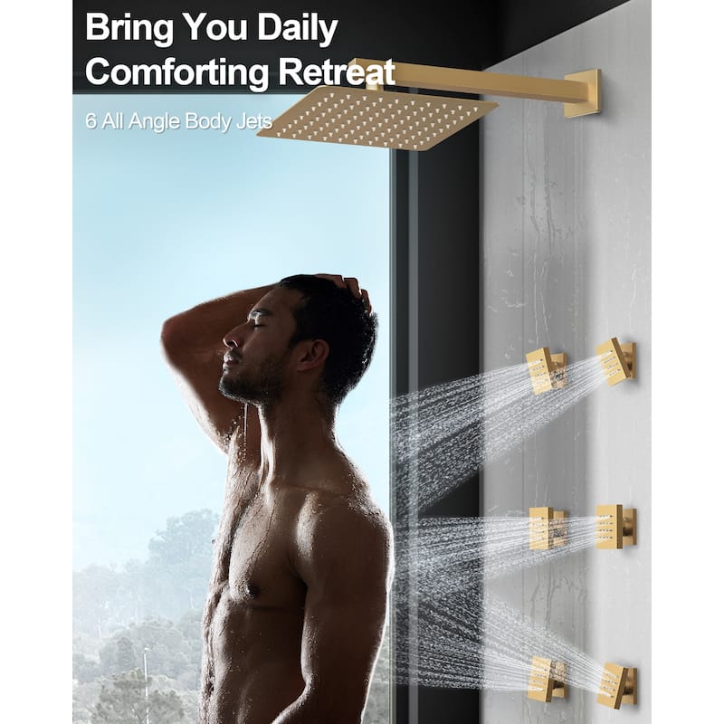 GRANDJOY 12 Inch Wall Mounted Digital Temperature Display Shower System Rainfall Shower Head with 6 Body Jets