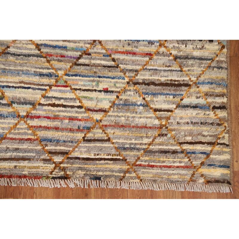 Hand Knotted Oriental 100% Wool Carpet Modern Stripe Multi-Colored Moroccan Area Rug - 9' 9'' X 6' 7''