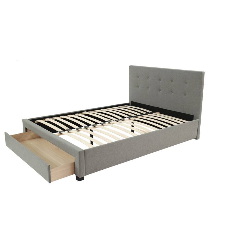 Full Size Modern Bed with Tufted Headboard and Storage Drawer, Grey Polyfiber Finish