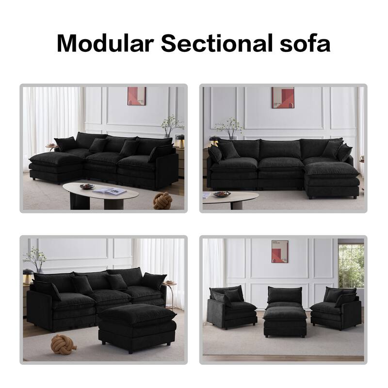 105" L-Shaped Modular Sectional Sofa with Ottoman, Soft Chenille Upholstery, 3-Seater Couch