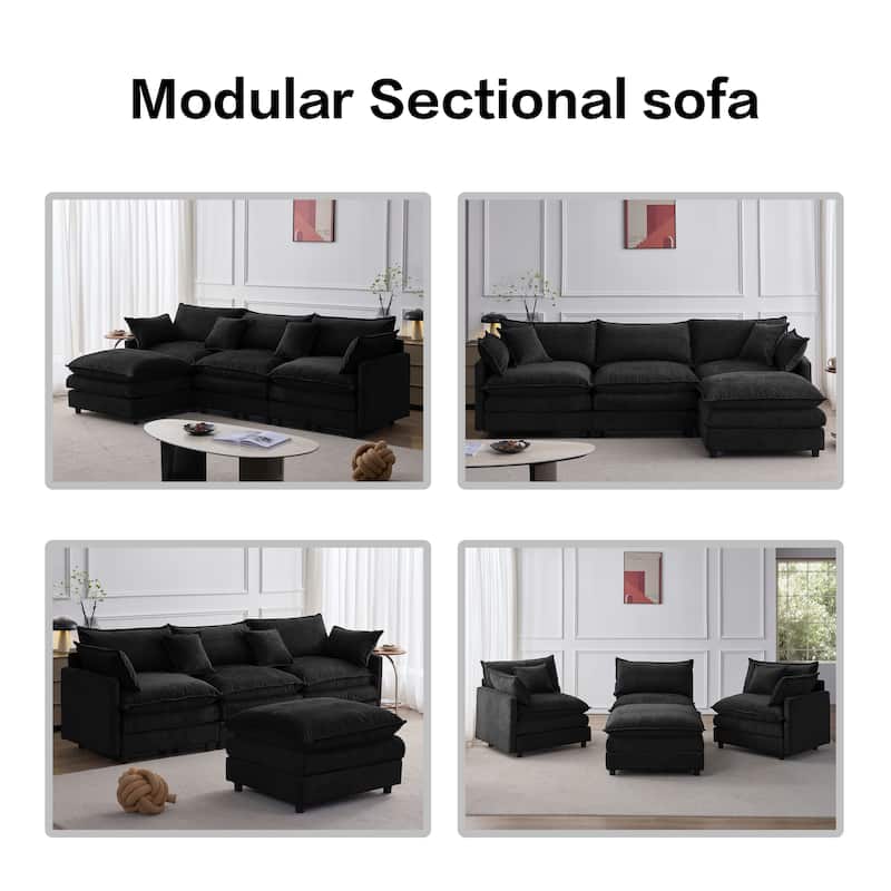 L Shaped Modular Sectional Sofa, Comfy Chenille Deep Seat Cloud Sofa, Upholstered 3 Seat Sofa with Removable Ottoman