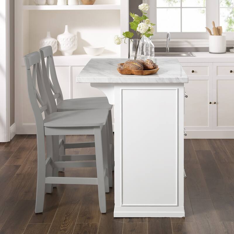 Crosley Cutler Faux Marble Top Kitchen Island W/X-Back Stools - 56"d x 42"w x 41"h