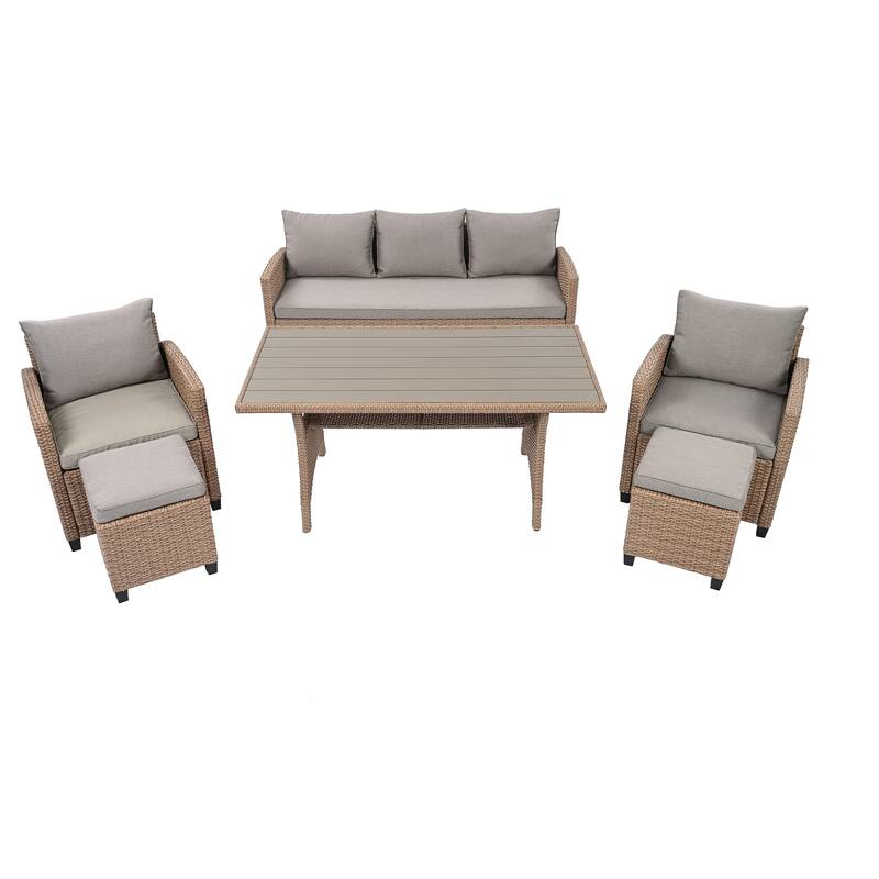 6-Piece Outdoor Patio Rattan Sofa Set with Dining Table, Chair, and Stools