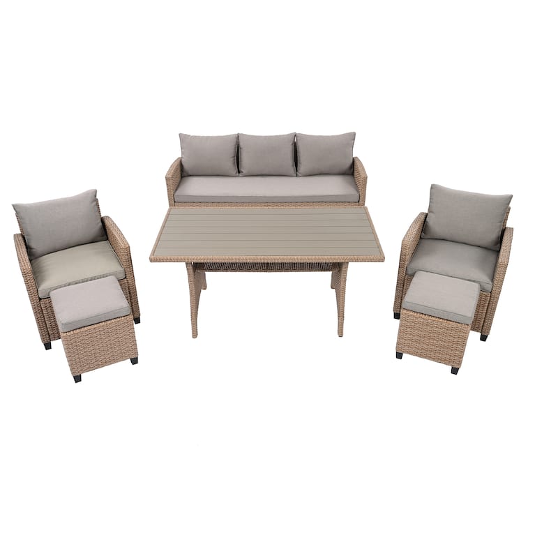 Roomfitters 6-Piece Outdoor Rattan Wicker Patio Garden Set with Sofa, Chair, Stools and Table