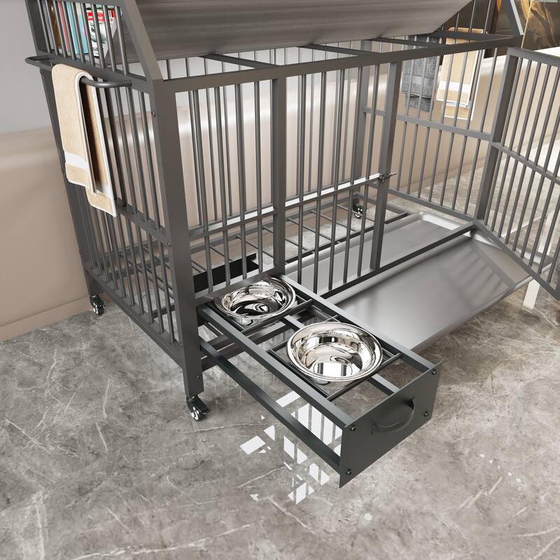 Large Pet Cage with Storage Rack, Drawers with Food and Water Basins, Double-Layer Storage Rack, Iron Frame and MDF Material