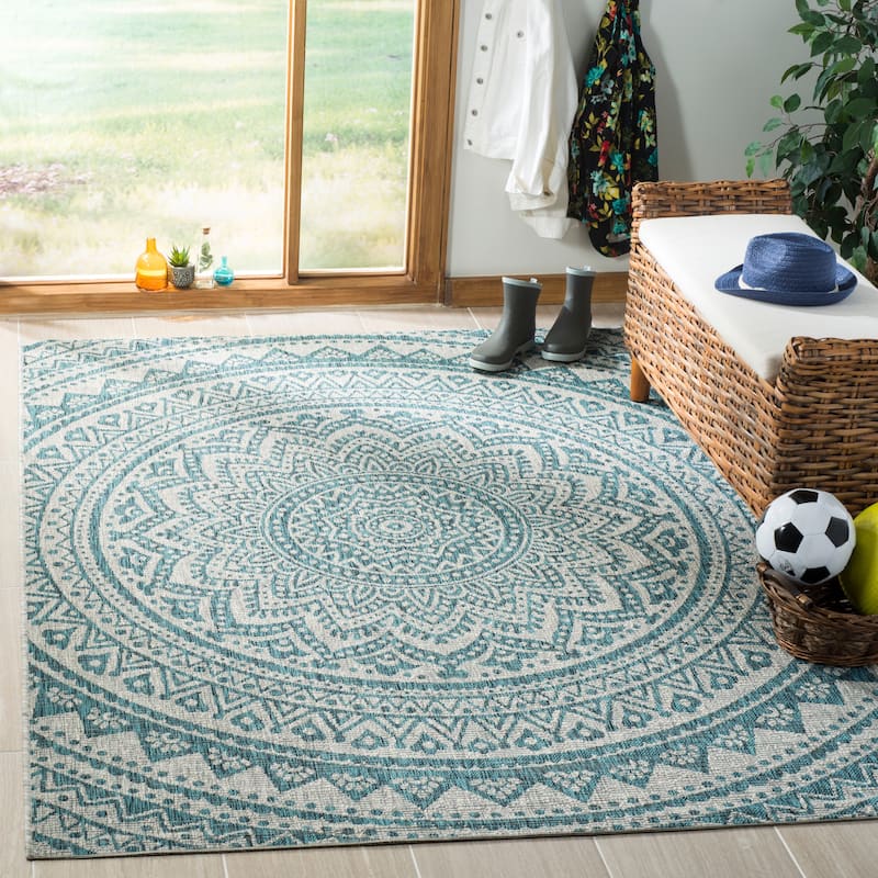 SAFAVIEH Courtyard Fran Mandala Indoor/ Outdoor Waterproof Patio Backyard Rug - 3' Square - Light Grey/Teal