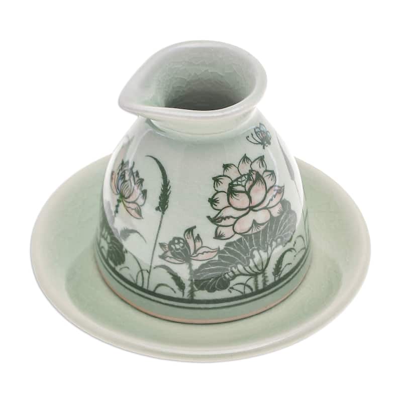 Novica Handmade Luxuriant Lotus Celadon Ceramic Milk Pitcher And Saucer