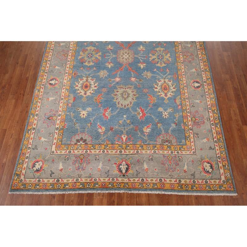 Blue Floral Oushak Oriental Area Rug Handmade Wool Carpet - 6'7" x 10'4"