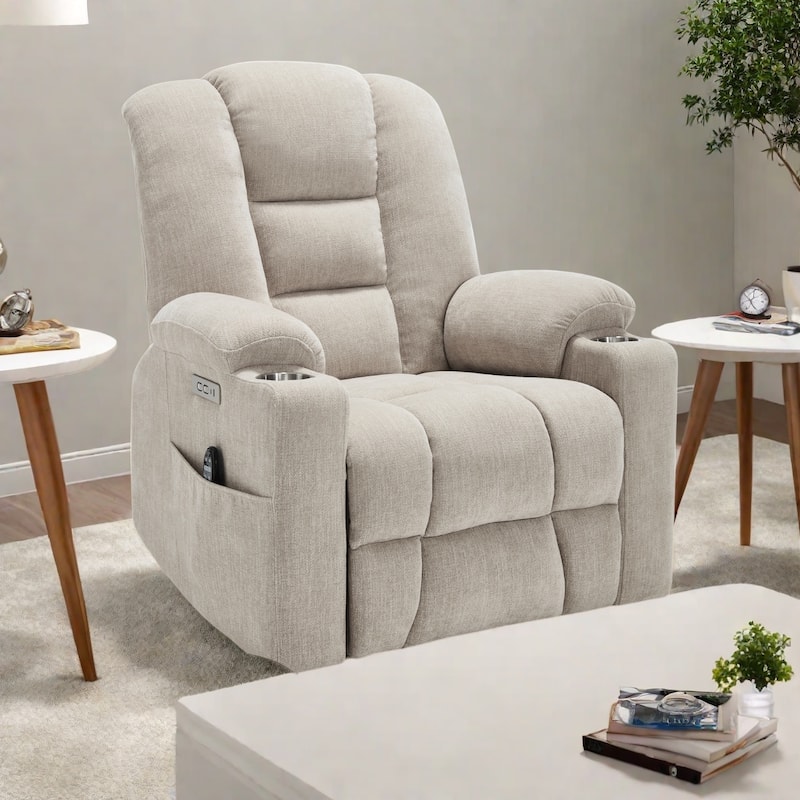 Power Lift Recliner Chair with Dual USB Ports, Cup Holders, Chenille Fabric, 155° Recline, Easy Assembly - Beige