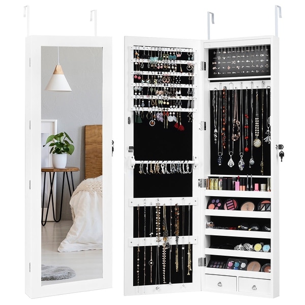 Costway Wall Door Mounted Mirror Jewelry Cabinet Organizer LED Light