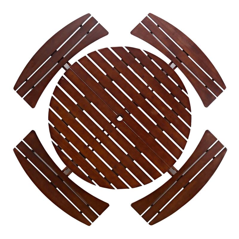 Outdoor 8 Person Picnic Table and Benches Set, Wooden Round Picnic Table with 4 Built In Benches and Umbrella Hole