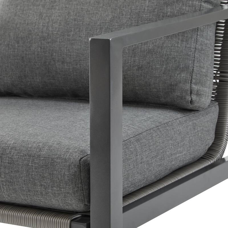 Gray Aluminum Lounge Chair with Sleek Rope Accents and Comfortable Cushions, Perfect for Modern Outdoor and Indoor Spaces