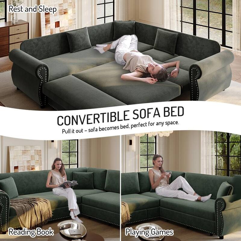 Homy Casa L-Shaped Sectional Sofa w/ Pull-Out Bed, Chenille Sleeper Couch w/ Nailhead Trim & Rolled Arm, Oversize