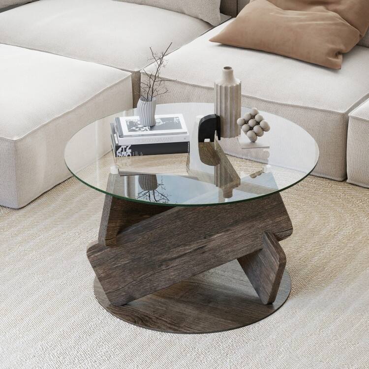 Grey Rubberwood MDF Glass Round Coffee Table with Anti-Slip Base and Modern Design - 32" x 19"