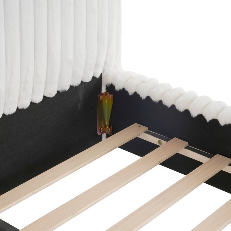 Queen Size Upholstered Bed with Wavy Headboard and Vertical Stitching in White Boucle Fabric