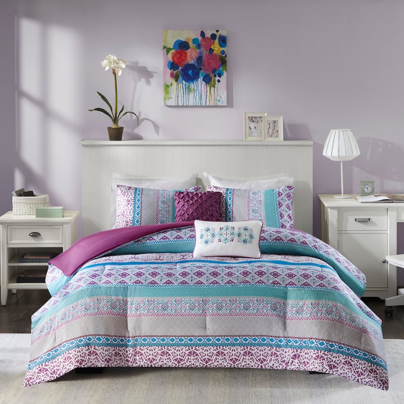 Adley Purple Printed Comforter Set by Intelligent Design - Twin - Twin XL
