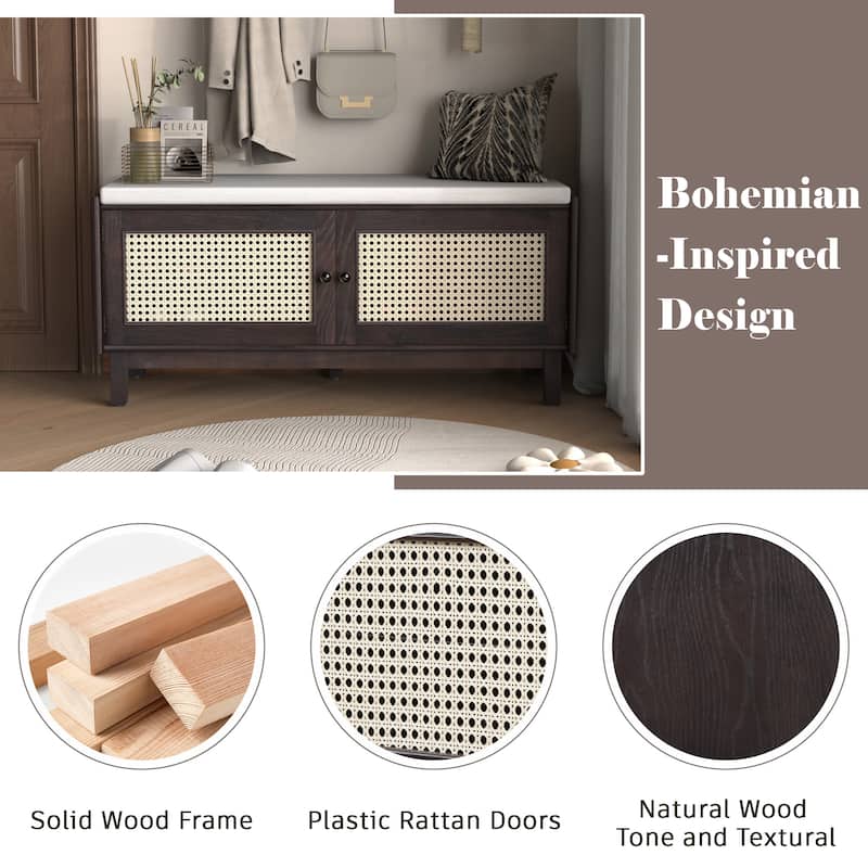 Boho Rattan Entryway Storage Bench with Double Doors