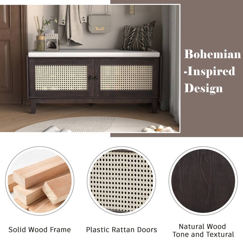 Boho Rattan Shoe Storage with Washable Cushion & Adjustable Shelves by Harper&Bright Designs