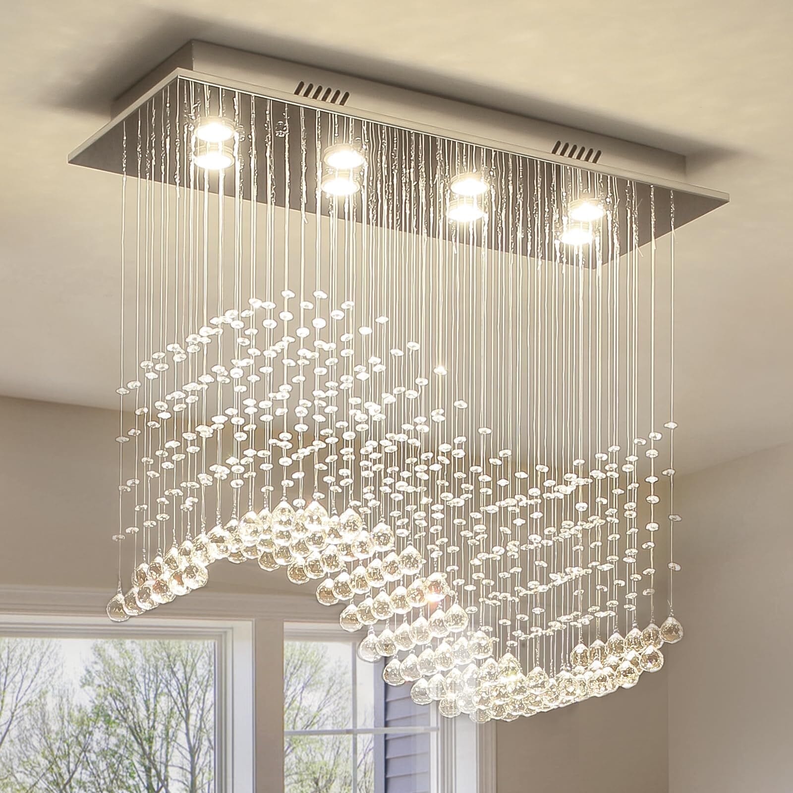 Modern 8 Lights Wave Raindrop Crystal Flush Mount Ceiling Light