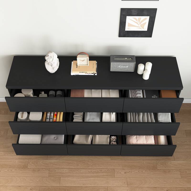 Modern Chest of Drawers with 9 Drawers, Wooden Dresser Clothes Organizer Drawers Cabinet for Living Room Bedroom Hallway