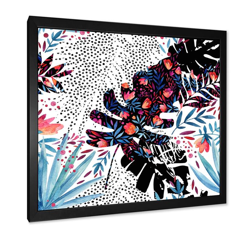 Designart "Tropical Floral Patchwork I" Tropical Framed Art Print Bed