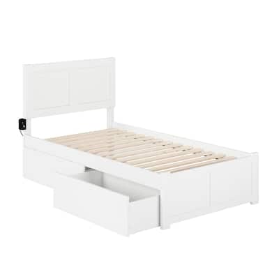 Twin Storage Platform Bed - White Wood Frame, 2 Drawers, USB Charger, Rustic Design