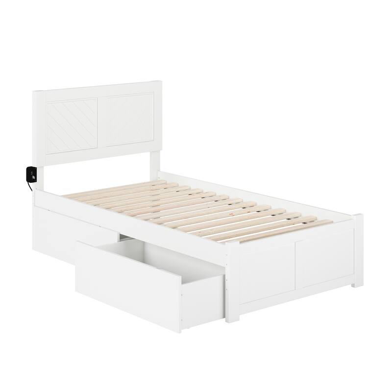 Twin Storage Platform Bed - White Wood Frame, 2 Drawers, USB Charger, Rustic Design