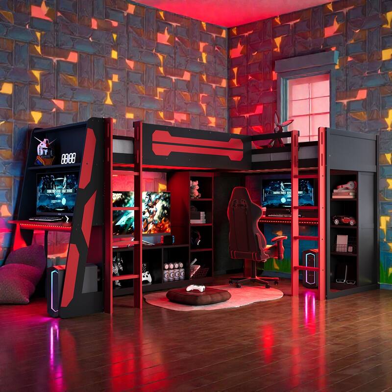 L-Shaped Twin Gaming Bed Frame with RGB LED Lights, USB Ports, TV Stand, Storage Shelves & Reversible Loft Design