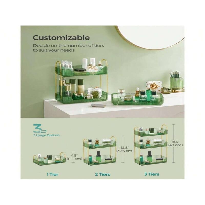 3-Tier Vertical Makeup Storage Organizer with Plated Metal Frame and Handle - 6.6”D x 12”W x 18.9”H
