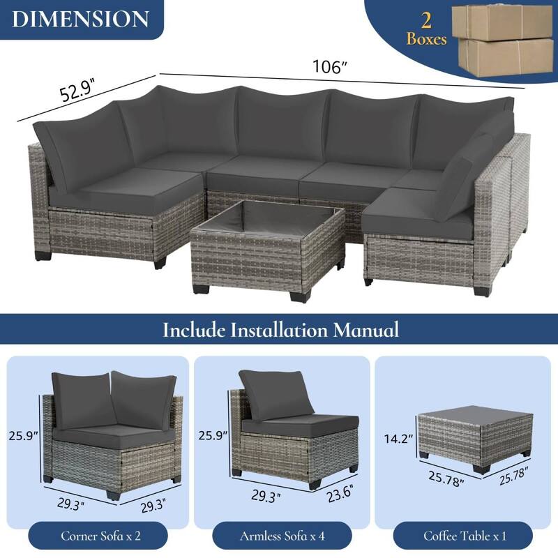 7-Piece Wicker Patio Conversation Set with Cushions,6 Sofas, 1 Table
