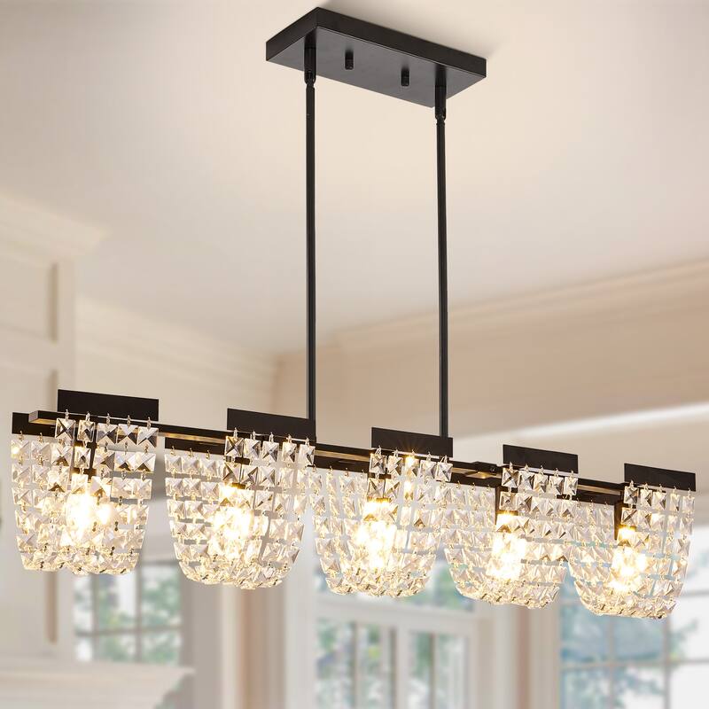 5-Light Luxury Retro Linear Crystal Chandelier Island Pendant Lighting Fixture.