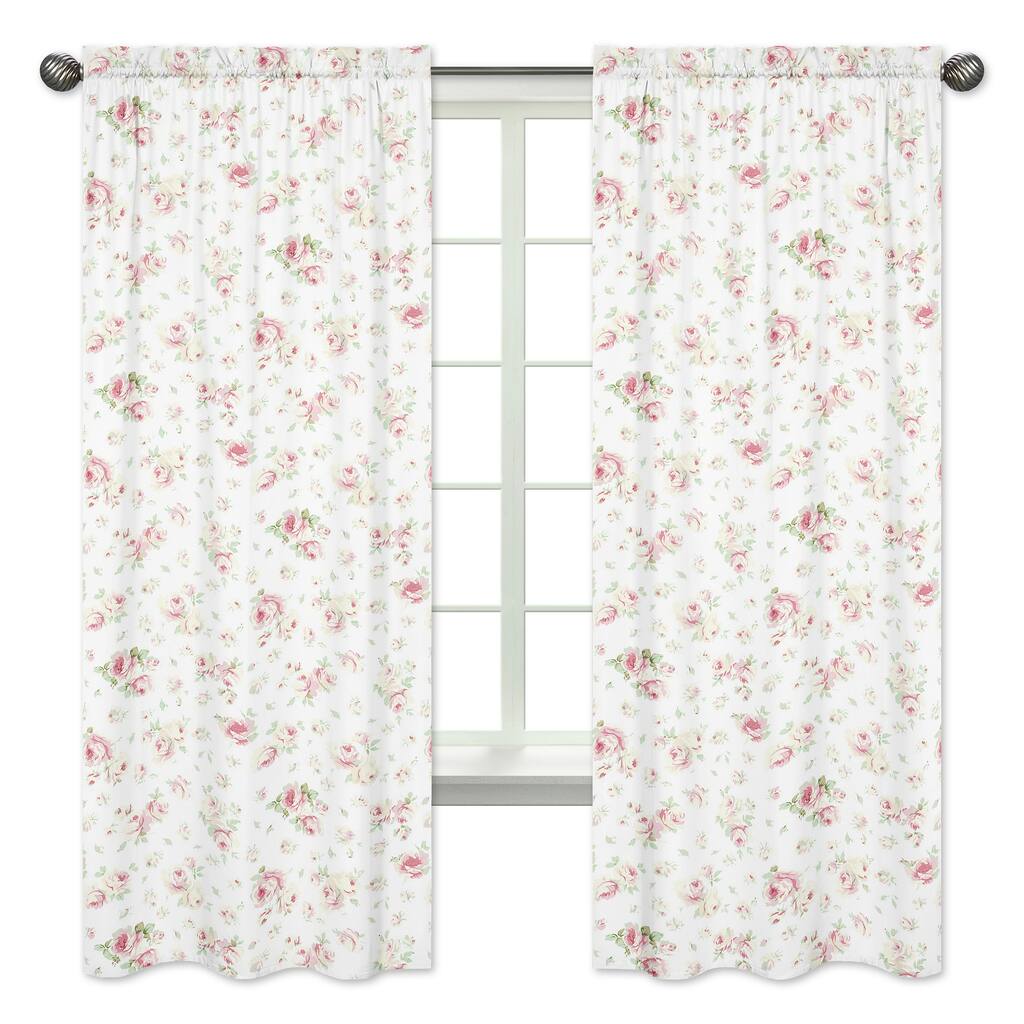 Sweet Jojo Designs Pink, Green, Off-White and White 84-inch Window Treatment Curtain Panel Pair for Riley's Roses Collection