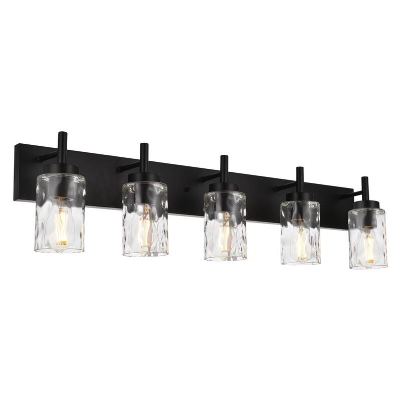 Vanity Light Fixtures 5 Light Modern Wall Sconces Lighting Black Bathroom Lights Wall Mounted with Hammered Glass Shade
