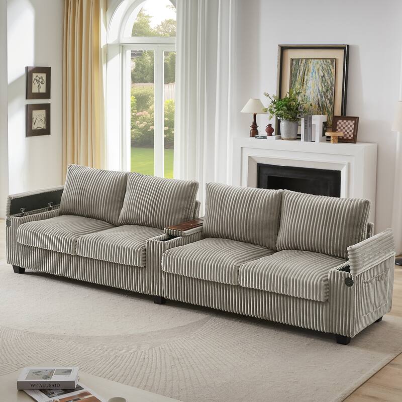 133-In Corduroy Sectional Sofa with USB Ports, Hidden Storage Arms, Flip-Top Cup Holders - Grey